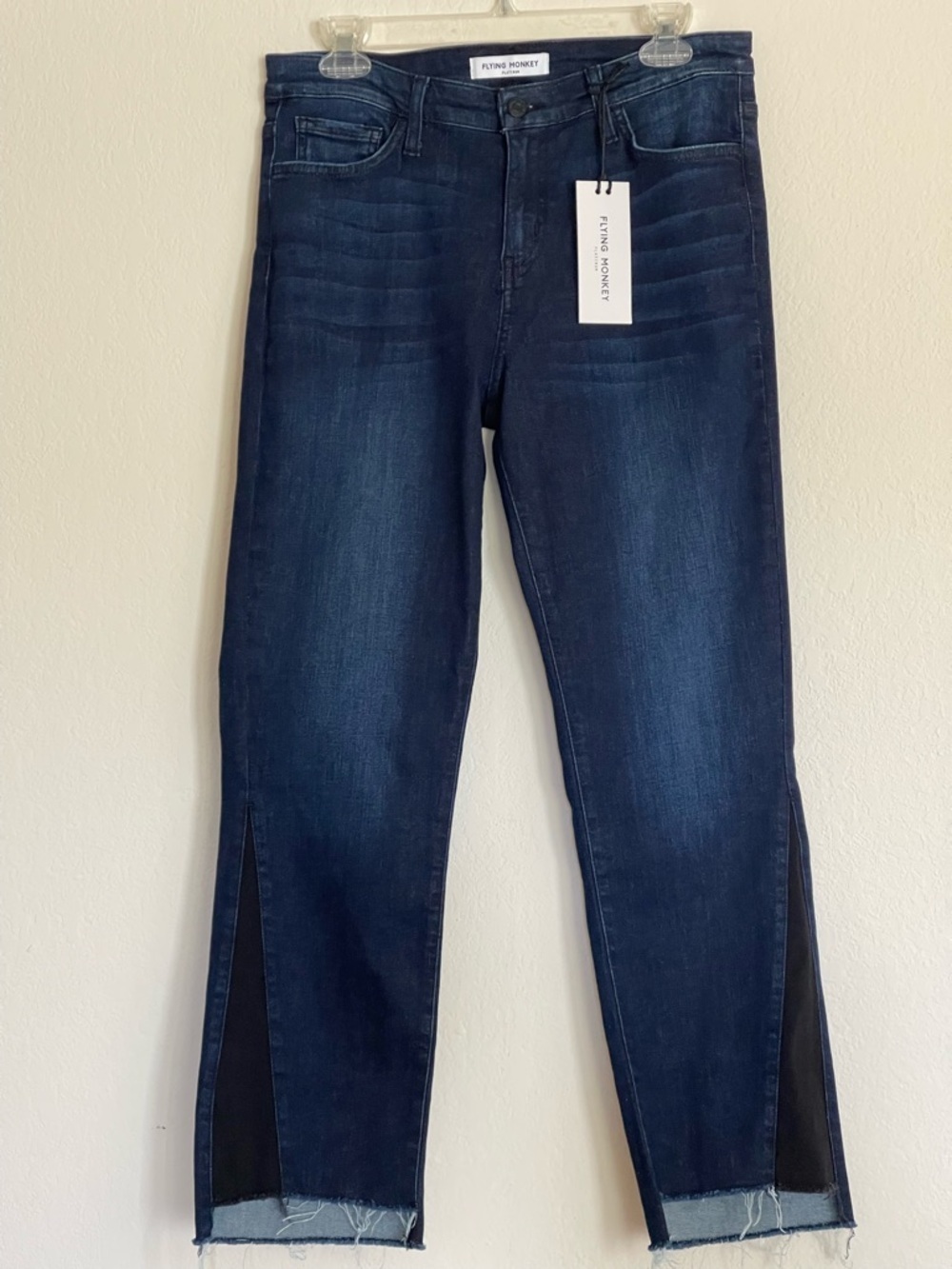 NWT Flying Monkey Santa Monica Mid-Rise Jeans Size 30 Blue Denim Black Panel Hem